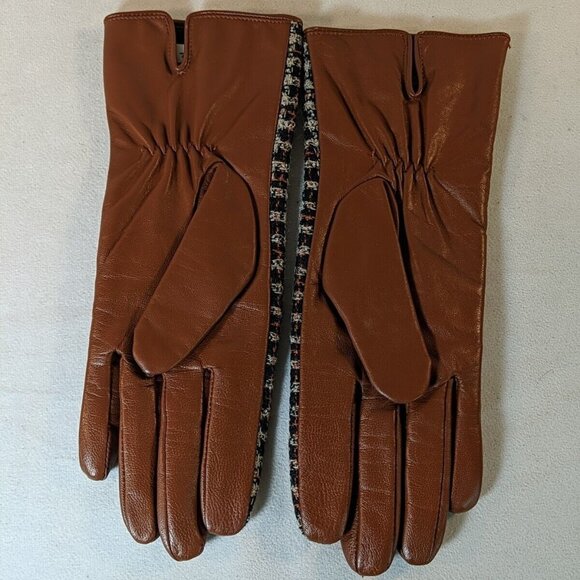 Kenneth Cole Leather Wool Gloves Brown Plaid Tweed Black Women's M Medium Lined - Picture 3 of 10